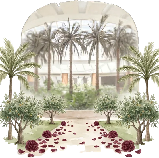 Watercolour illustration of the garden entrance: palms, olive trees and a rose-petal walkway leading to the venue